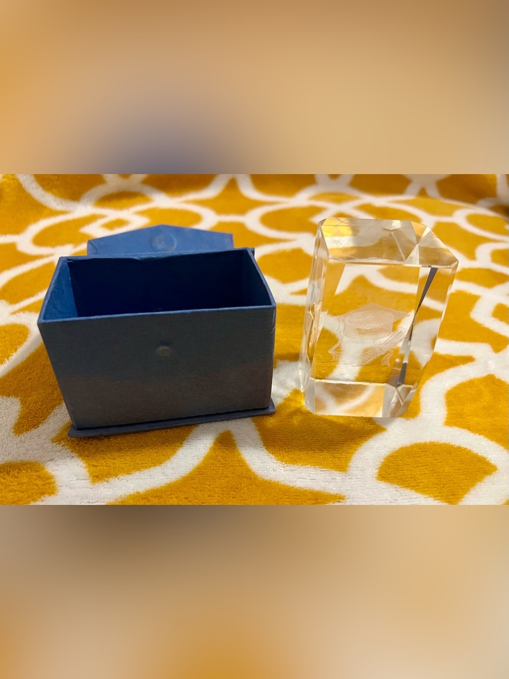 Clear Glass Graduate Paperweight w/ Blue Box Approx. 4 in Tall
